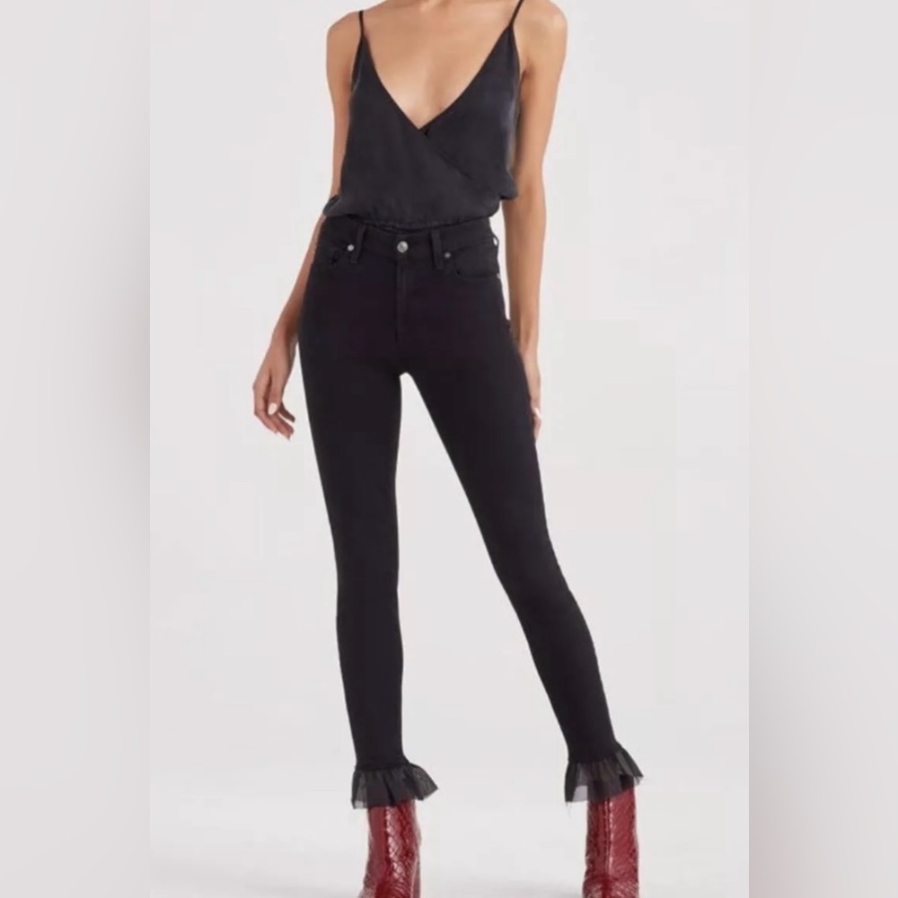 7 For All Mankind Blair Denim The Ankle Skinny Black Jeans w/Ruffle Hem NWT 25